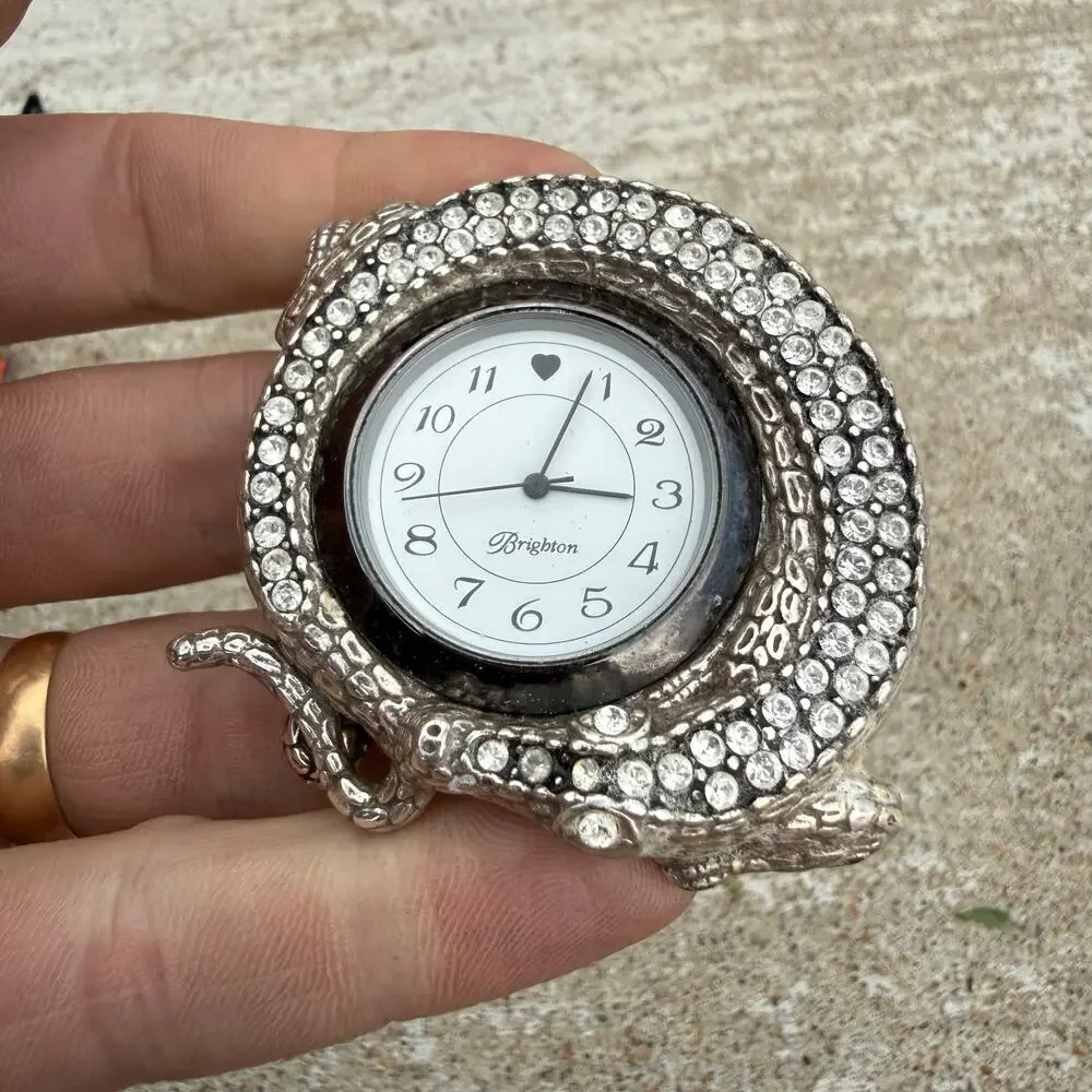Brighton Silver Tone Rhinestone Alligator Clock Back Later Gator Untested